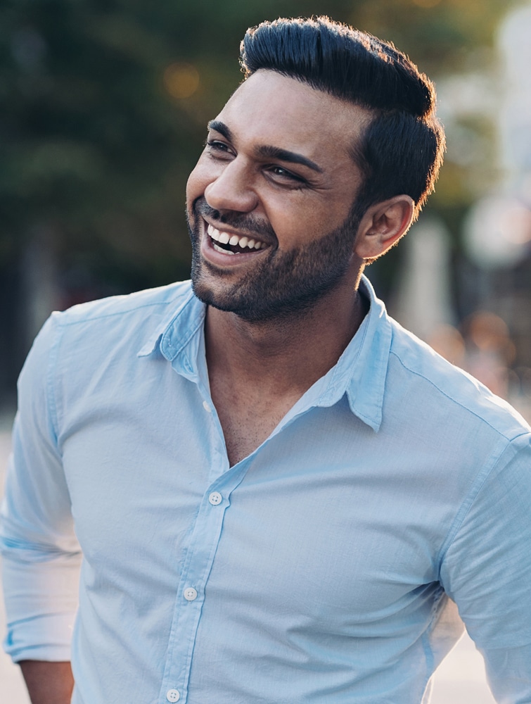 a man wearing a blue shirt